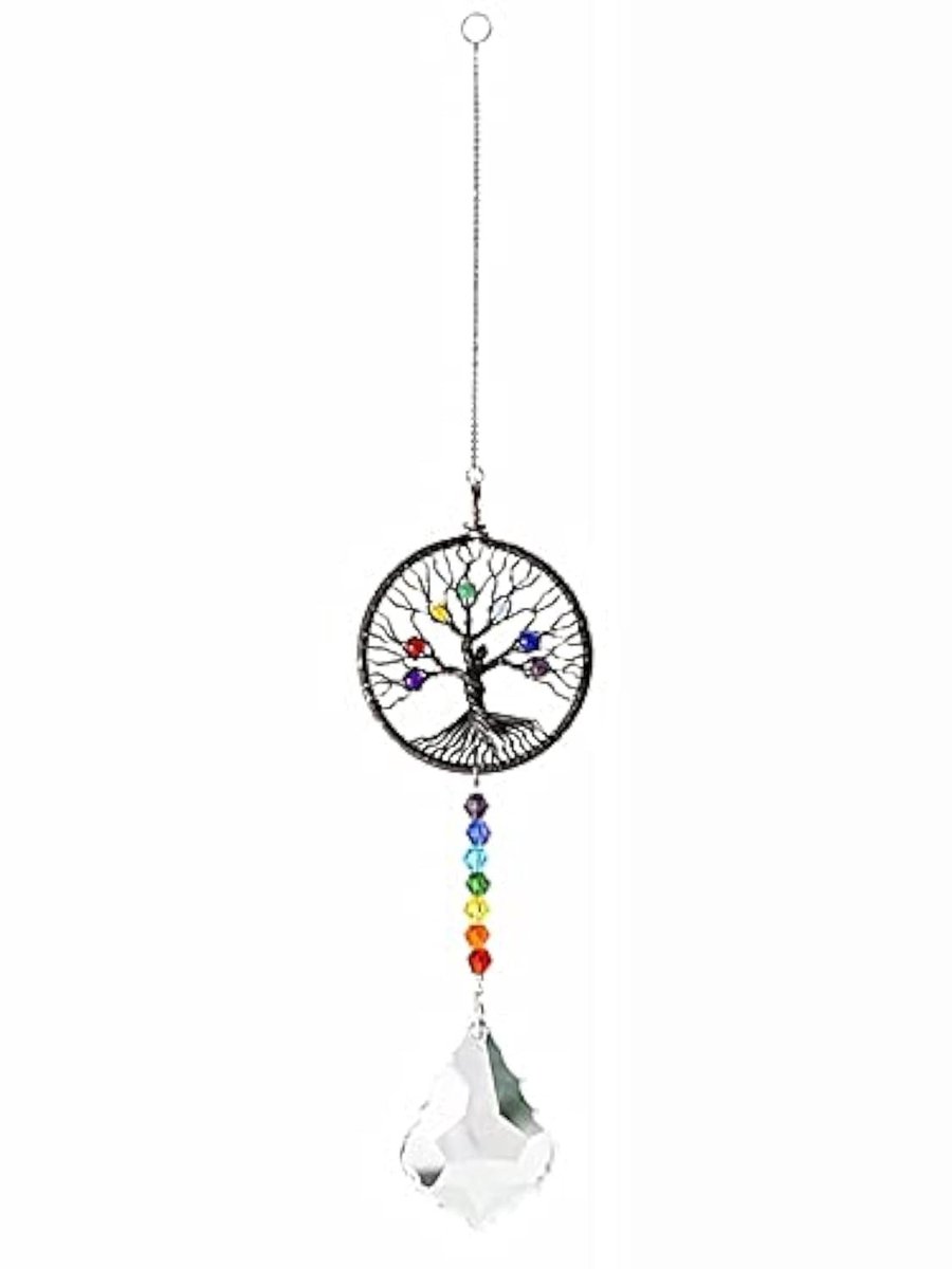 Dailygoods- Windgong Hangende Kristallen Regenboog - Levensboom Hanger - Feng Shui Decoratie - Koper/Kristal - 14 Inch - Voor Raam/Tuin - Raamhanger