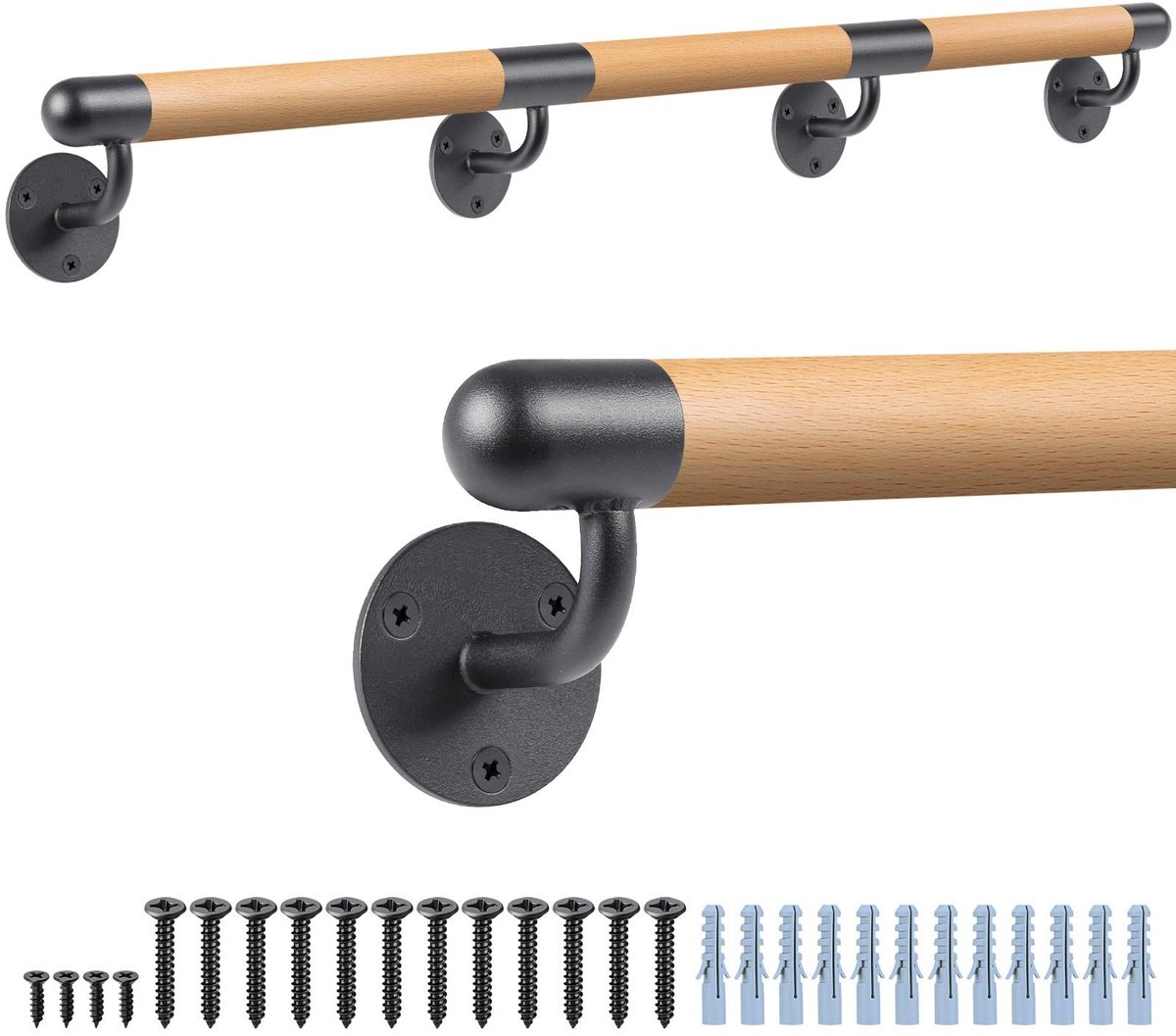 Dailygoods- Trapleuning 254cm - Houten Trapleuning - Wandmontage - Schokbestendig - Antislip - Stevige Metalen Beugels - Voor Ouderen