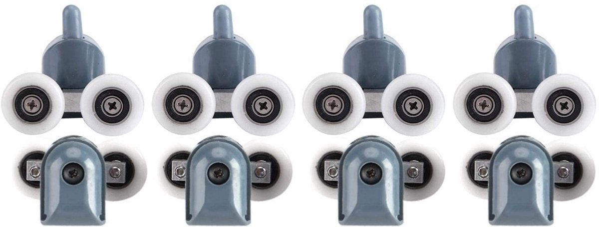 Dailygoods- Douchedeurrollers 8 Stuks - Dubbel Wiel - Kunststof/Nylon - Roestvrij Staal - Voor Glas van 10-12mm - Inclusief Schroeven/Afdekdoppen - Douchedeurwielen