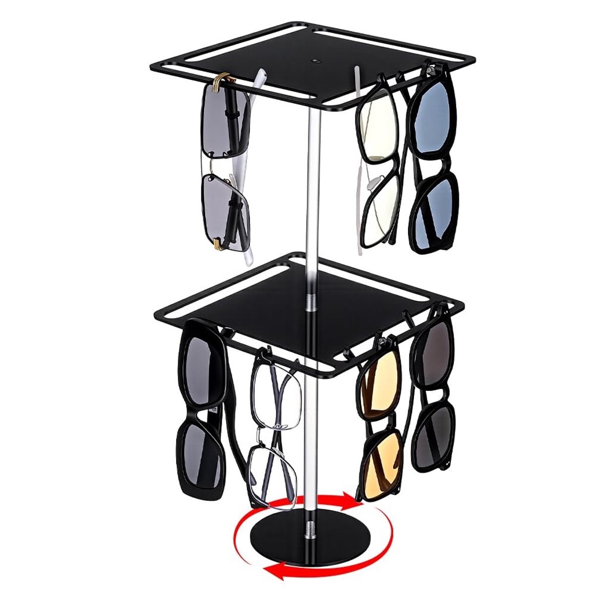 Dailygoods- Brillenrek 360° Roterend - Zwarte Zonnebril Organizer - 2-Laags Acryl - Brillen Display Stand - Afmetingen 18x18x40,9 cm - Voor Tafelblad/Dressoir - Brillenstandaard