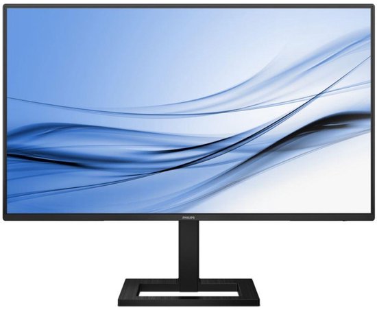 Monitor met zwarte randen en een blauw abstracte achtergrond.