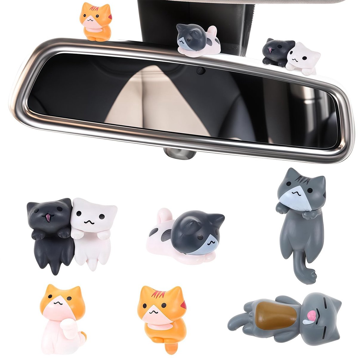 Dailygoods- Kattenfiguren 6 Stuks - Schattige Auto Accessoires - Hars Ornamenten - Dashboard Decoraties - Achteruitkijkspiegel - Mini Katten Figuren