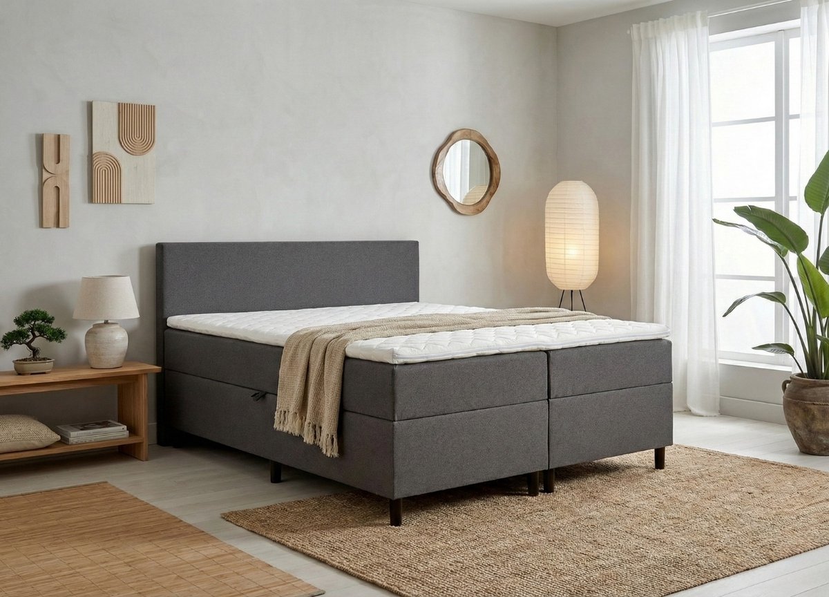 Opberg Boxspring Eefje - Antraciet - 160 x 200 cm | Inclusief gratis topper en antislip