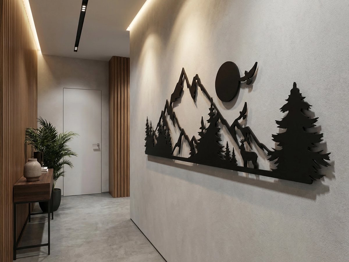 Wanddecoratie Bergen, Houten Wandbeeld, 3D Wanddecoratie voor Thuis, Moderne Beelden voor Huis Kantoor Slaapkamer, Woonkamer en Keuken - 80x25 cm