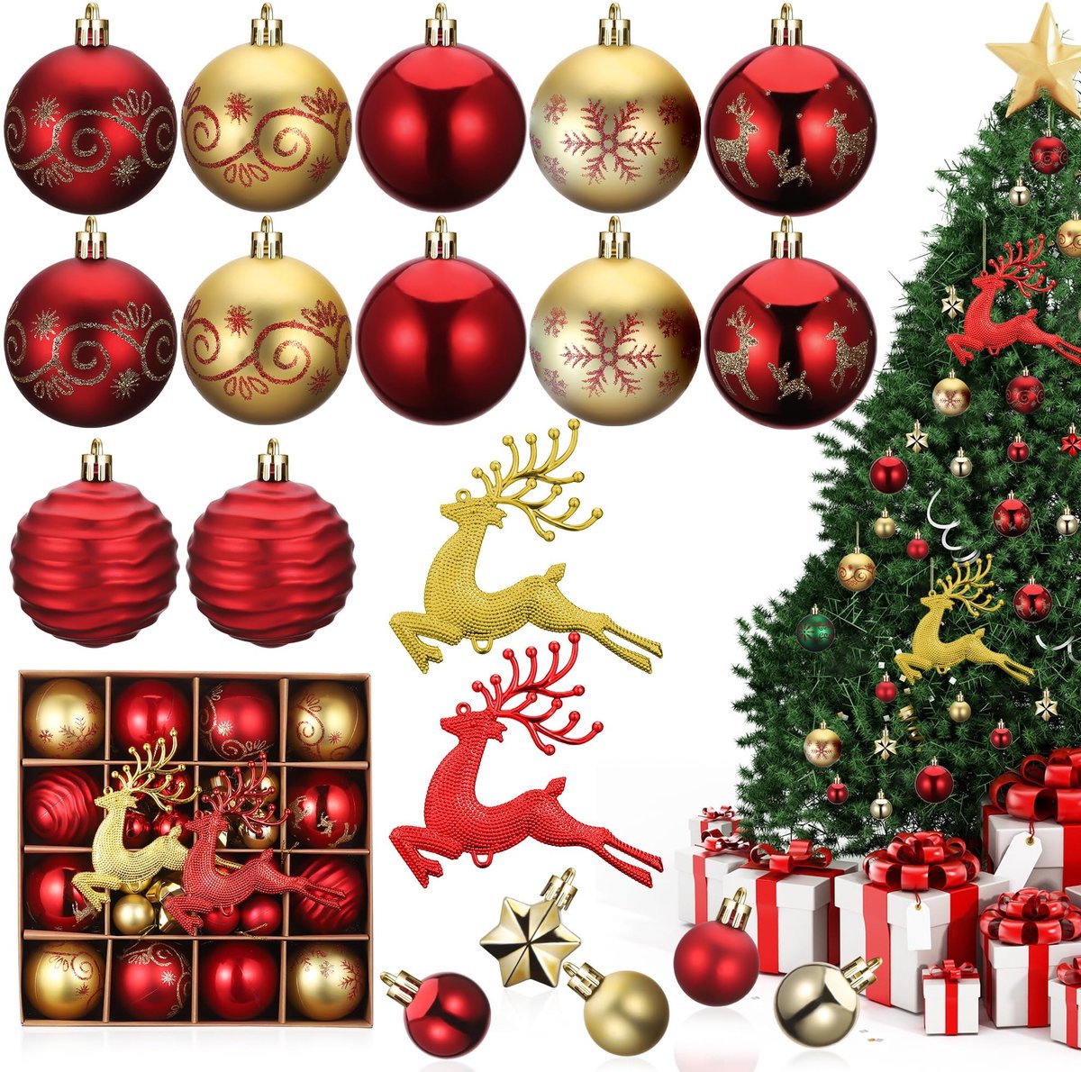 Dailygoods- Kerstballen Onbreekbaar - 12 Grote/Kleine Kerstballen - 8 Mini Rode/Matte Ballen - 6 Kleine Gouden Ballen - 4 Sterren/2 Elanden - 270 Gram - Kerstversiering