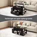 Zwarte salontafel, bovenpaneel omhoog, met verborgen opbergruimte. Verder paneel omlaag met champagne.