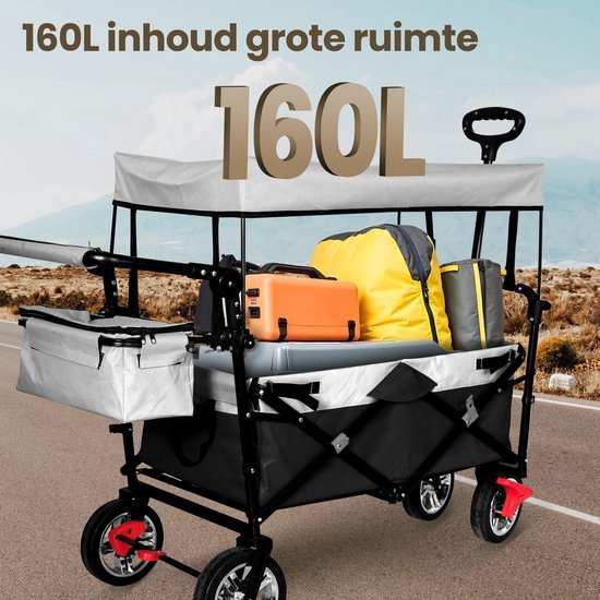 Bolderkar met dak - Bolderwagen Transportkar - Spullen Vervoeren - Vijfpuntsgordel en voetrem - 92x55x82cm - Grijs van Bolderkar — afbeelding 4