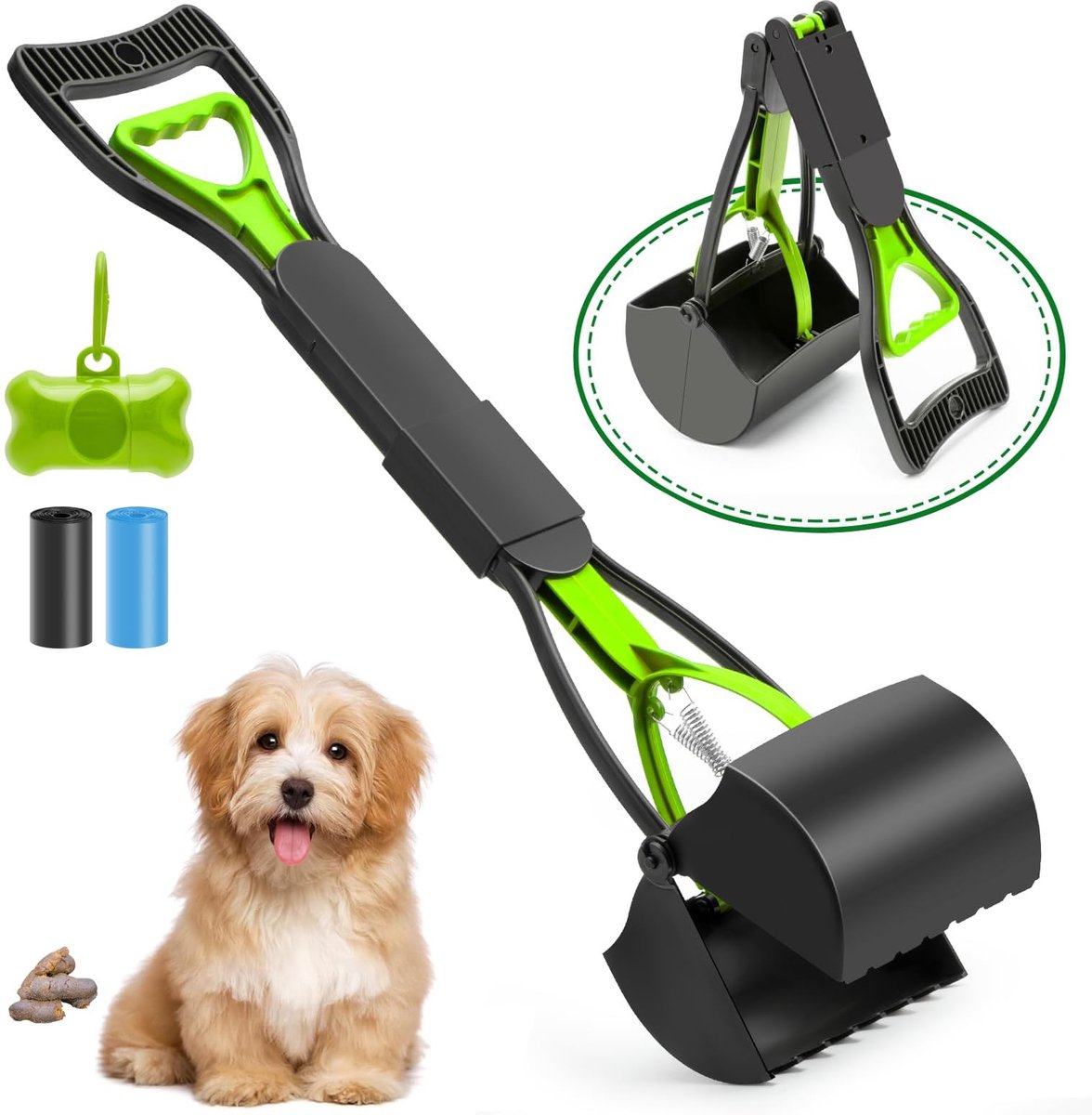 Dailygoods- Hondenpoepjesverzamelaar grote capaciteit - Opvouwbare Kaken - Poepknijper - Lange Steel - Geurblokkerende Technologie - Comfortabele Grip - Poepschep