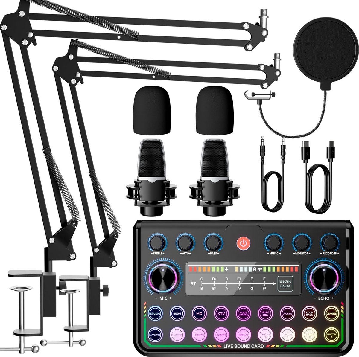 Audio Interface Set - Podcast Microfoon Kit - Live Streaming - Voor Twee Personen - 2 Microfoons - Zwart