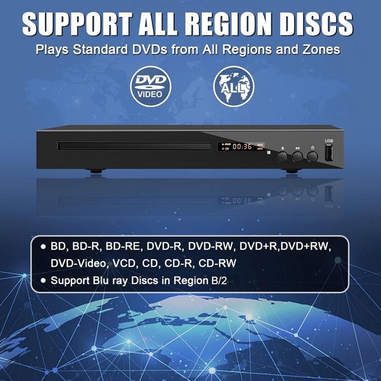 Blu-ray speler - DVD speler - Films kijken - Multiregio DVD afspelen - 1080P HD - Zwart — afbeelding 2