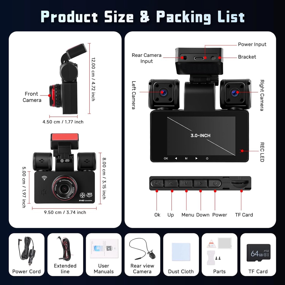 Auto Camera Systeem - Dashcam Set - Veilige Rit - 360 Graden Bescherming - 2K + 1080P Resolutie - Zwart – foto 5
