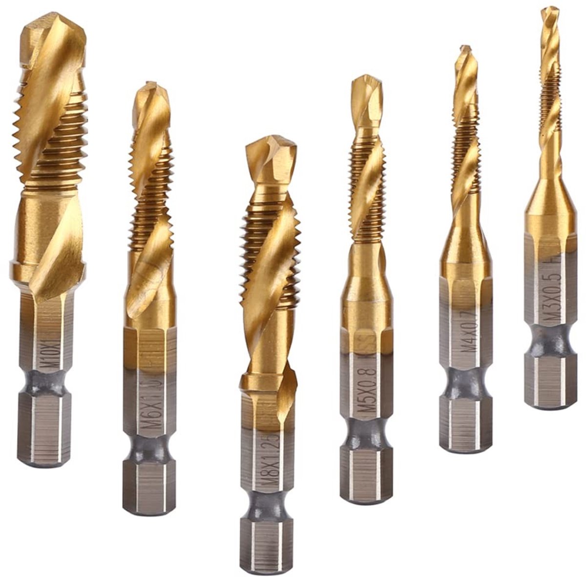 Dailygoods- Taps Set van 6 - HSS Metaaldraadboor - Titanium Gecoat - M3/M4/M5/M6/M8/M10 - Hex Shank 6.35mm - Schokbestendig en Duurzaam