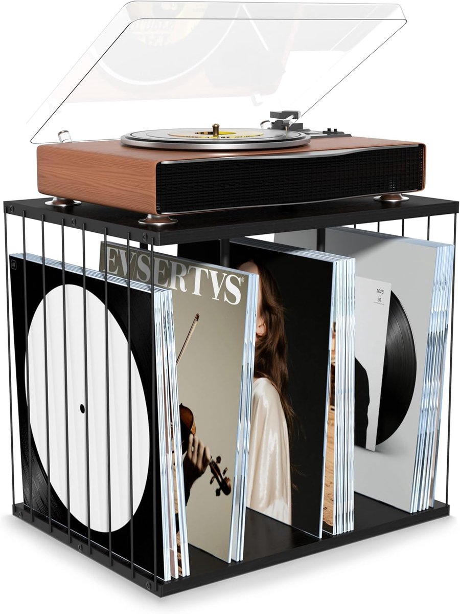 Platenbak - Vinyl Opbergbox voor 100 Elpees - Houten Platenhouder met 3 Vakken - Vinyl Standaard Vintage Stijl - Platenspeler Rek & LP Opbergdoos - Vinyl Storage Box voor Woonkamer & Kantoor - Kleine Platenkast - Zwart