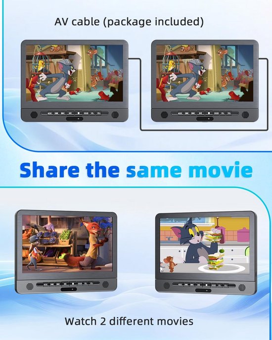 Arafuna 12" Auto DVD-speler met 2 schermen, hoofdsteun voor auto met 5 uur batterij, ondersteuning USB/TF-kaart, schermsynchronisatie en laatste geheugen — afbeelding 4