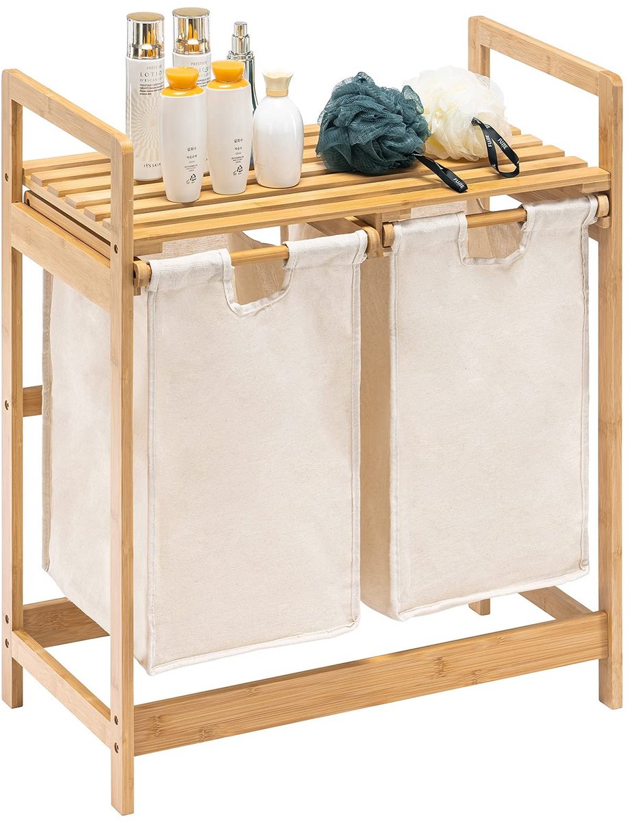 Wasmand met Bamboeframe - Ivoorkleurig - 2 Uittrekbare Waszakken - 73 x 64 x 33 cm
