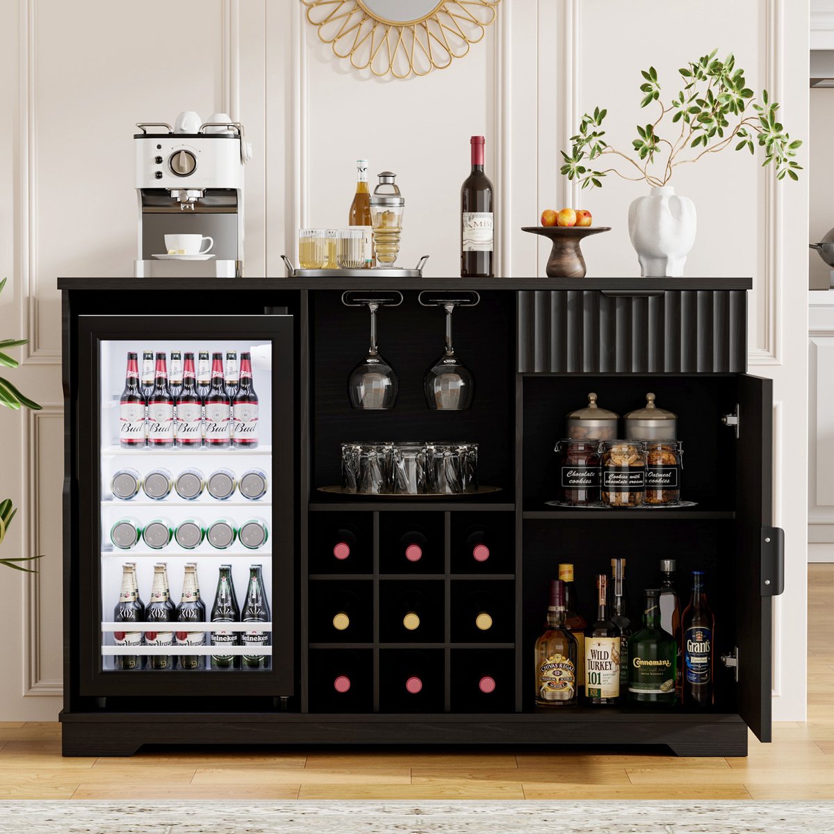BROTTAR - Bar kast met koelkast - 92L mini koelkast - 2-rijige glashouder - Uitneembaar wijnrek voor 9 flessen - Riffeldesign - Opbergruimte & lade