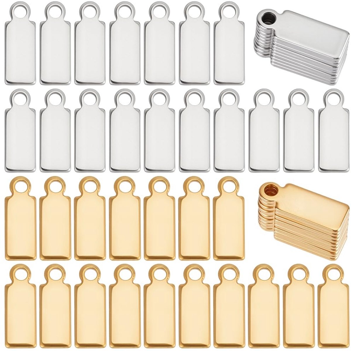 Dailygoods- Stempelen Blanks 100 Stuks - Roestvrij Staal - Rechthoekige Tags - Goud/Zilver - Gat 1,4 mm - Duurzaam en Slijtvast - Hangtags