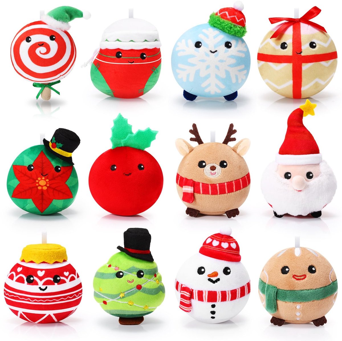 Dailygoods- Kerstornamenten 12 Stuks - Pluche Speelgoedset - Sneeuwpop/Kerstman/Eland - Peperkoekmannetje/Kerstboom - Sneeuwbal/Sneeuwvlok - Veilig en Duurzaam - Kerstdecoratie