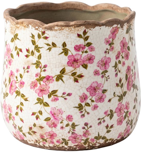 Keramiek Bloempot voor Binnen – Roze Bloemen – Rustieke Pot – Ø 11 cm – Bloemenmotief