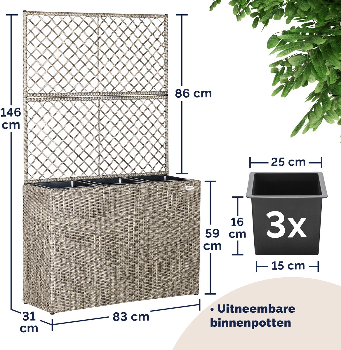 Casaria Polyrattan Plantenbak met Klimrek – 3 Bloembakken – 83x31x146 cm – Creme — afbeelding 3