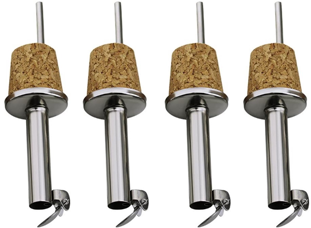 Dailygoods- Flesgieter 4 Stuks - Roestvrij Staal - Houten Kurk - Lekvrij Ontwerp - Geschikt voor Wijn/Bier - 9cm Grootte - Wijnschenker