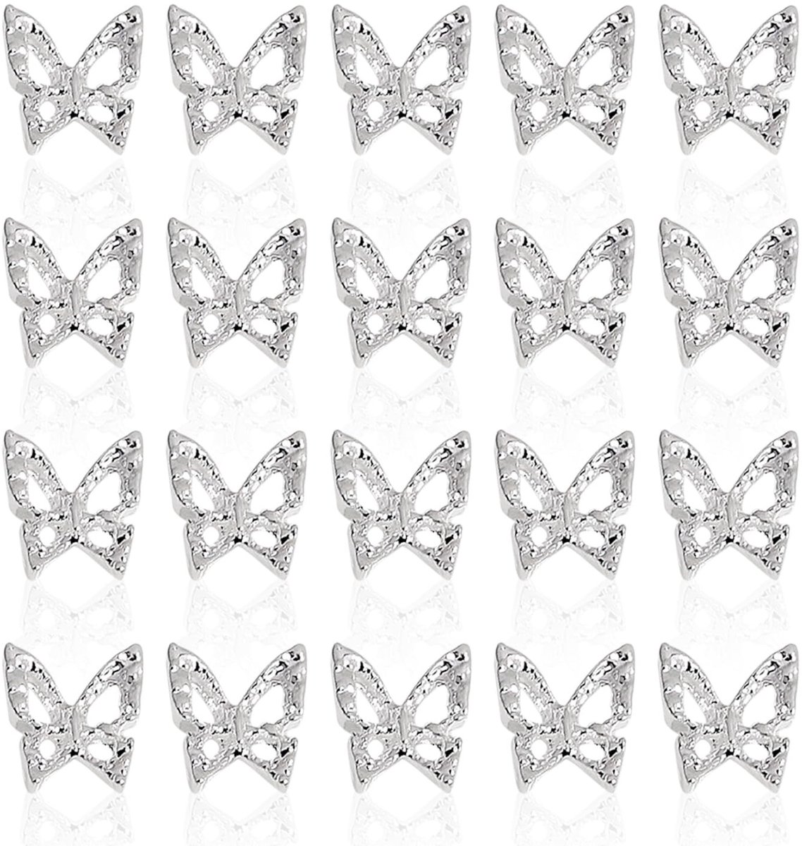 Dailygoods- Nageldecoratie 20 Stuks - Vlinder Nagelkunstaccessoires - Strass Decoratie - Legering - Doe-Het-Zelf Knutseldecoratie - Zilveren Vlinders - Nailart