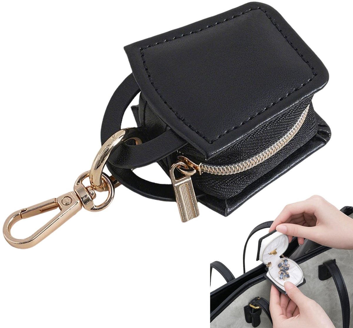 Dailygoods- Sieradenorganizer Draagbaar - Sieradenopslag - Sieradenetui - Sleutelhanger - Leer - Mini Opbergdoos
