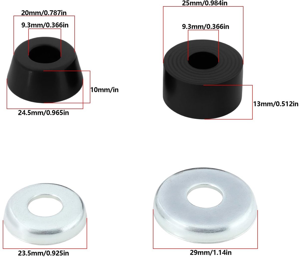 Dailygoods- Skateboard Bushings 95A Hard - Cilinder Kussens - Compatibel met Independent/Venture/Thunder - Rubber/Metaal - 4x Bussen/Pads - Zwart/Silver