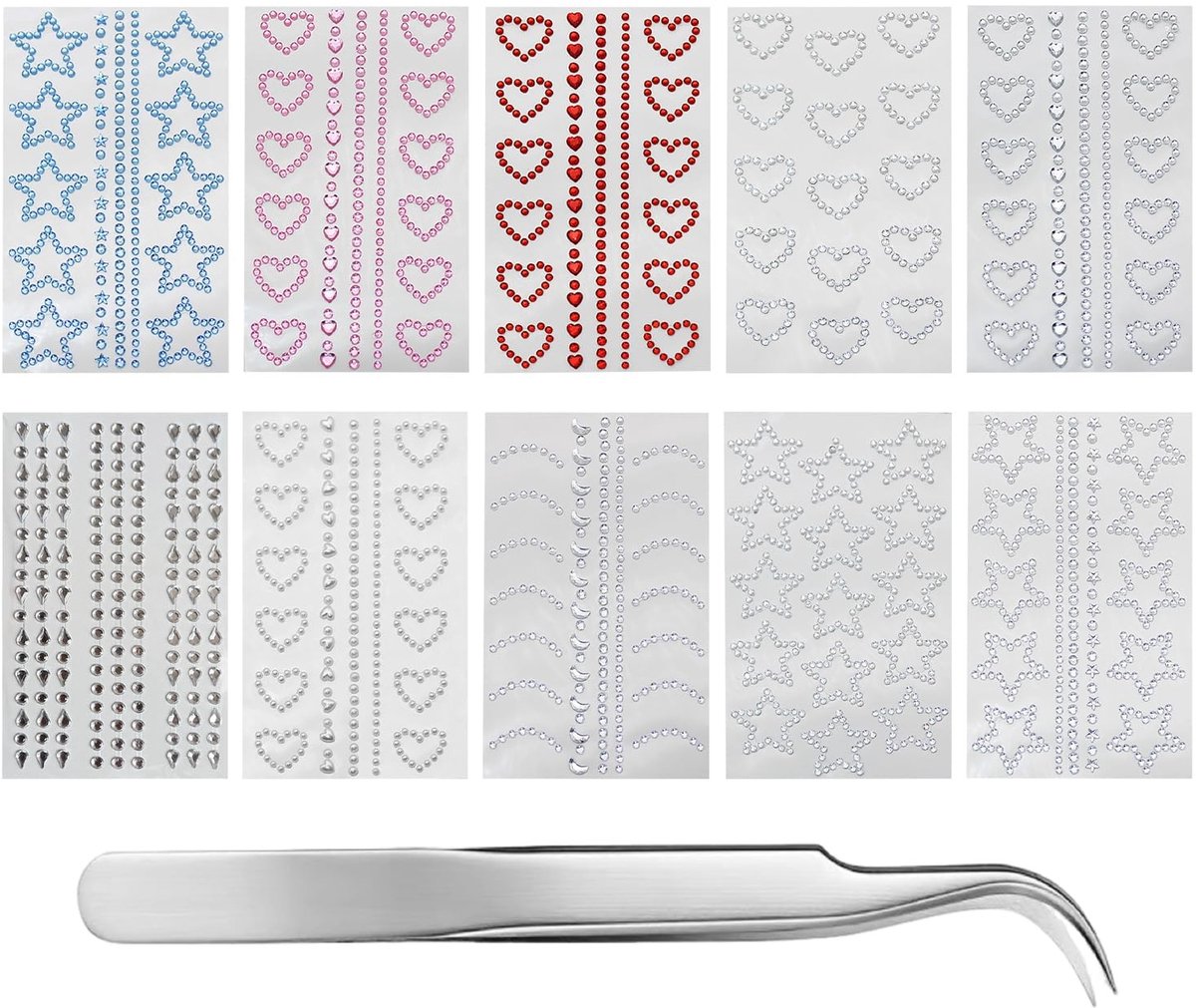 Dailygoods- Strass Stickers 10 Vellen - Creatieve Decoratie - Gezichtsmake-up Accessoires - Glanzende Effecten - Pincet van Roestvrij Staal - Veelkleurig - Decoratiestickers