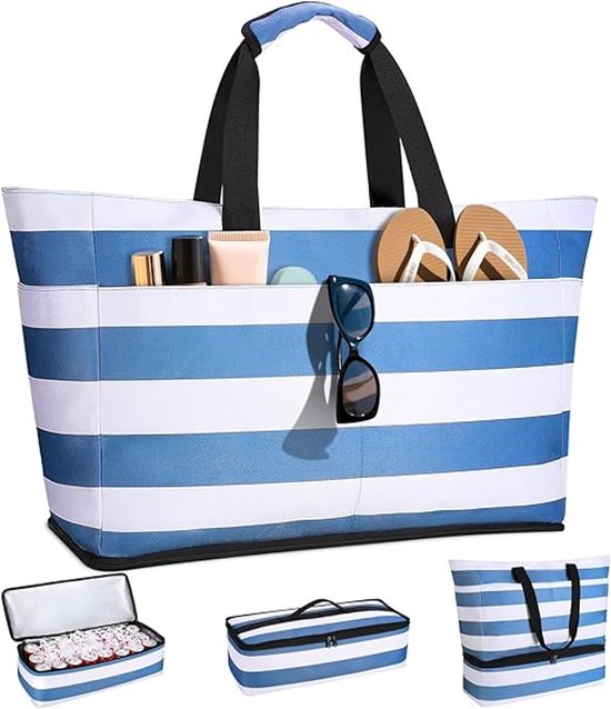 Strandtas - Handtas - 49L Grote Strandtas met Afneembare Koeltas - Waterdichte en Zandbestendige Strandtas - Reistas voor Duiken en Zwemmen - Blauw