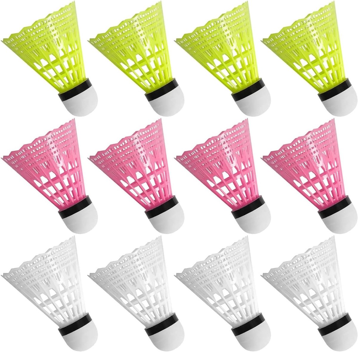 Set van 12 Duurzame Badminton Shuttlecocks van Nylon voor Buiten, Sport en Beginners in Wit, Geel en Roze