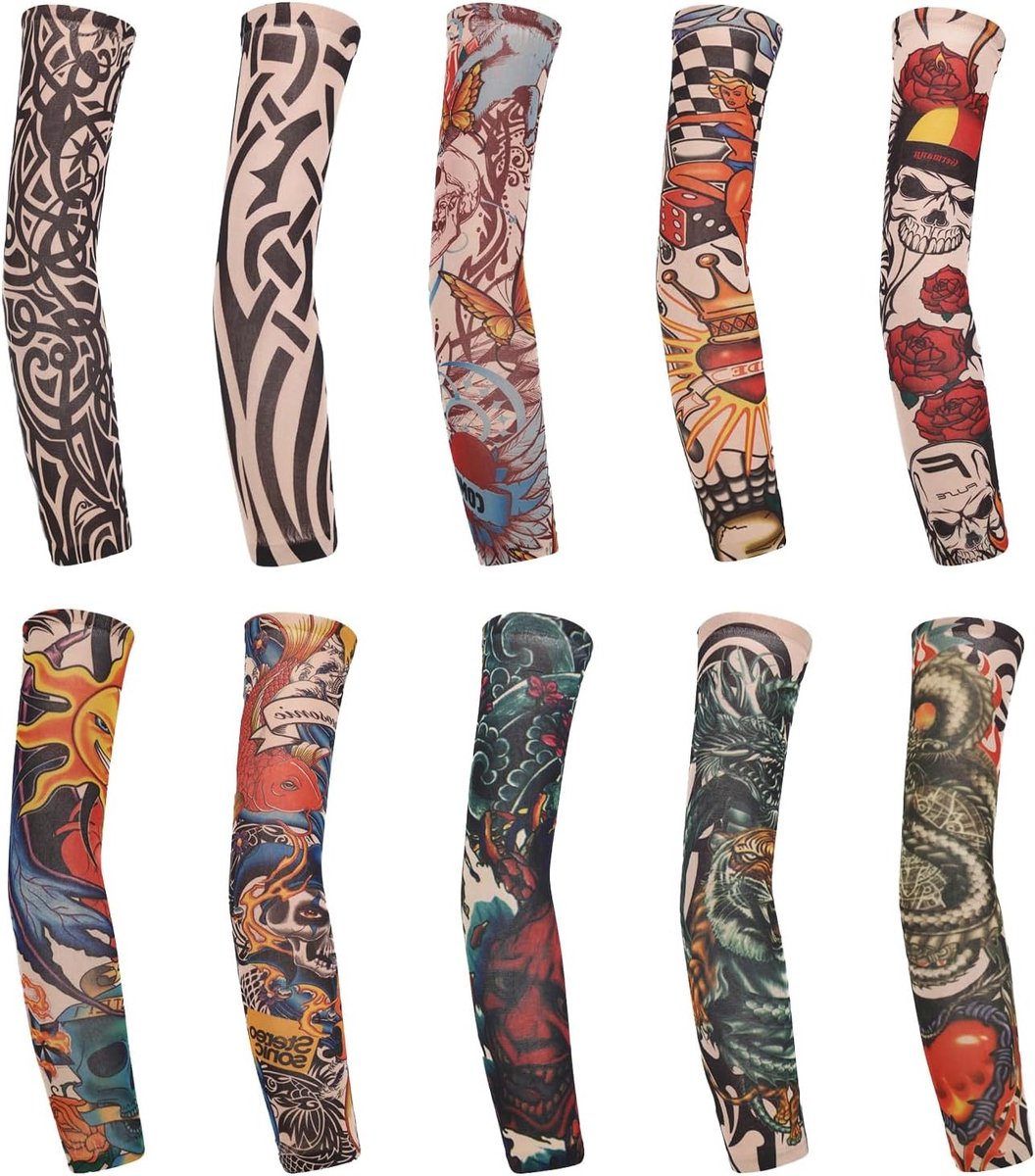 10 Stuks Tattoo Mouwen - 15.5 Inch Unisex Zonnebescherming voor Halloween, Sport en Buitenevenementen