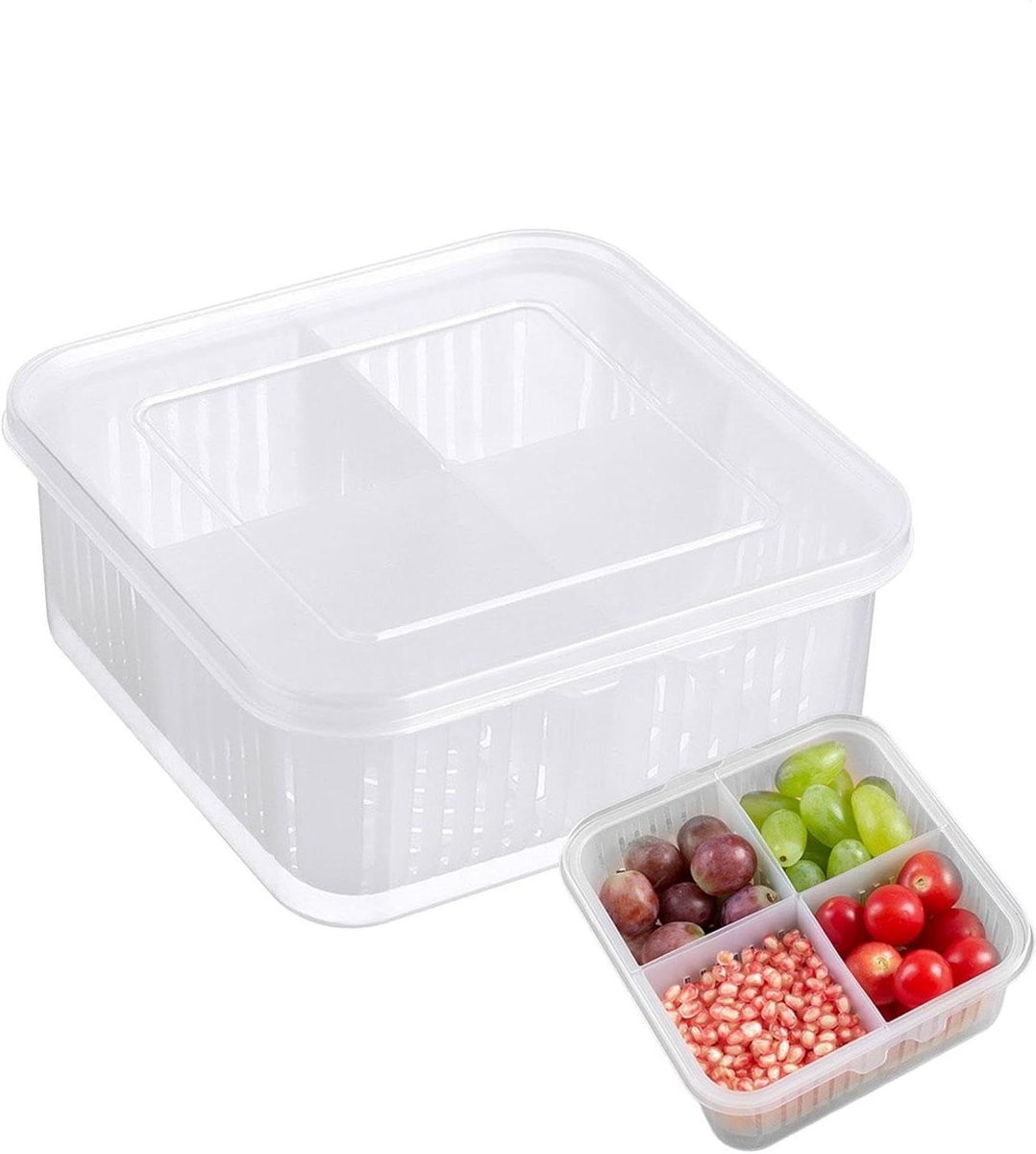 Vershouddoos Koelkast - Voedselcontainer Fruitbak - Keuken Organiseren - 4 Vakken Deksel - 17.2 x 17 x 7.7 cm - Wit