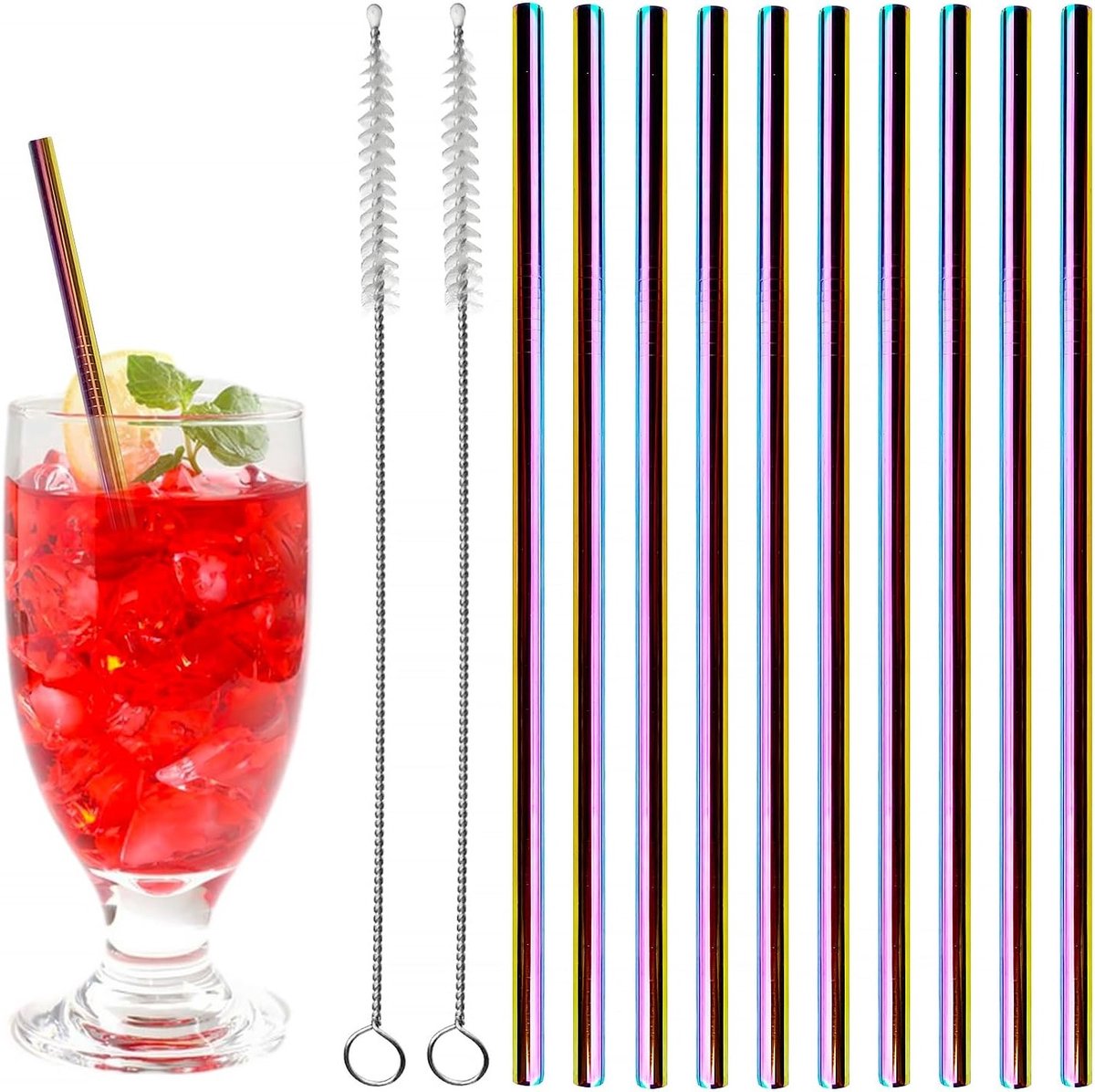 Set van 10 Rietjes met 2 Schoonmaakborstels, Herbruikbare Rietjes voor Cocktails en Sapdranken, Roestvrijstaal, Vaatwasmachinebestendig