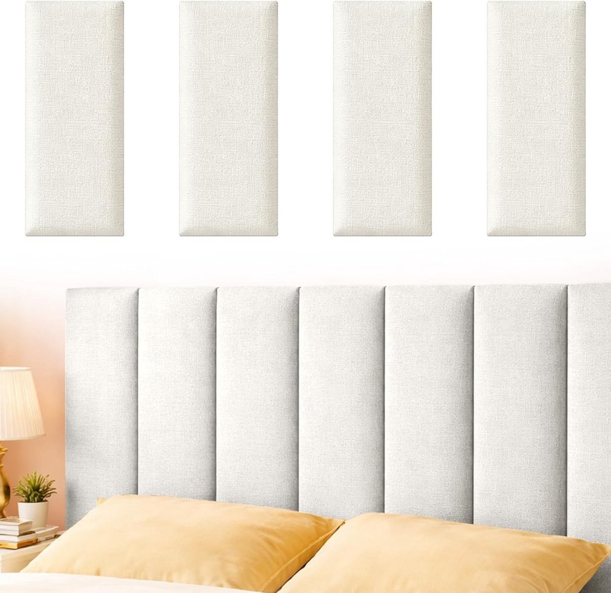 Set van 4 Zelfklevende Wandkussens 40 x 20 cm - Gevoerde Wandpanelen voor Hoofdbord, Impactbescherming en Decoratie in Kinderkamer, Slaapkamer en Kantoor (Wit)