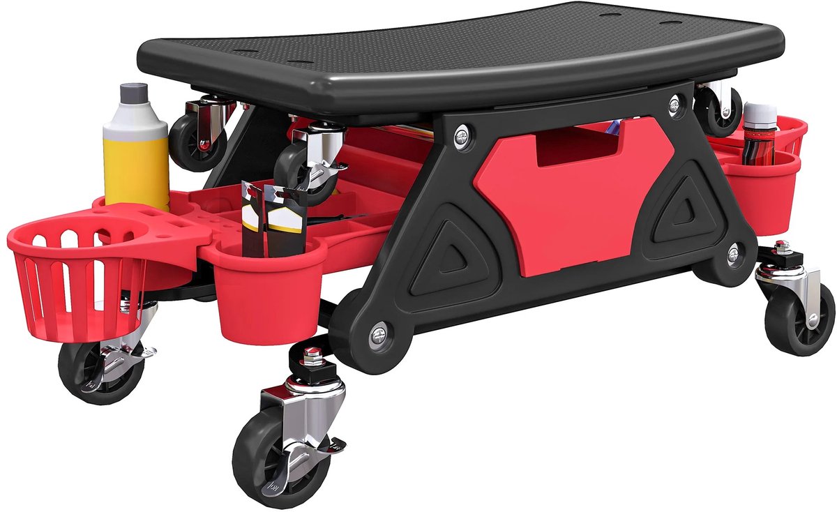 Hutjemutje - werkplaatskruk op wielen - gereedschapswagentje - laadvermogen 135kg - 33cm hoog - afneembare zitting - 86x 33 cm - rood - zwart