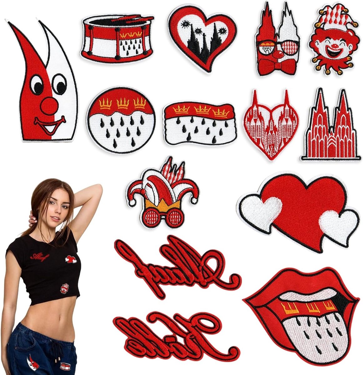 Set van 14 Strijkplaten voor Carnaval, Strijkpatches voor Carnaval Decoratie, Rode en Witte Patches voor Kostuums en Feestoutfits