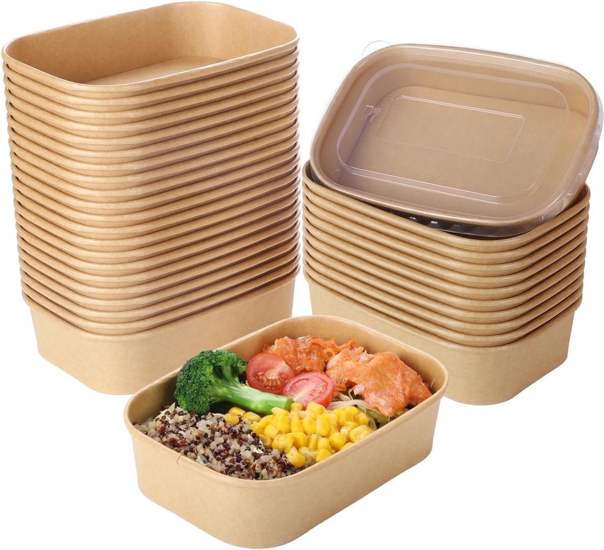 Set van 50 Kraftpapier Maaltijddozen met Doorzichtige Deksel (17x12cm) - Wegwerpbare Voedselcontainers voor Salades, Ijs en Meeneem Maaltijden, Magnetron- en Vriezerbestendig