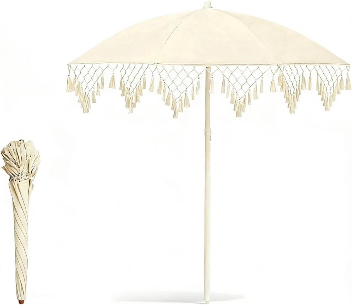 Terrasparasol met Franjes - Tuinparasol Buiten - Zonwering Creëren - UPF 50+ Bestendig - 160 cm - Wit