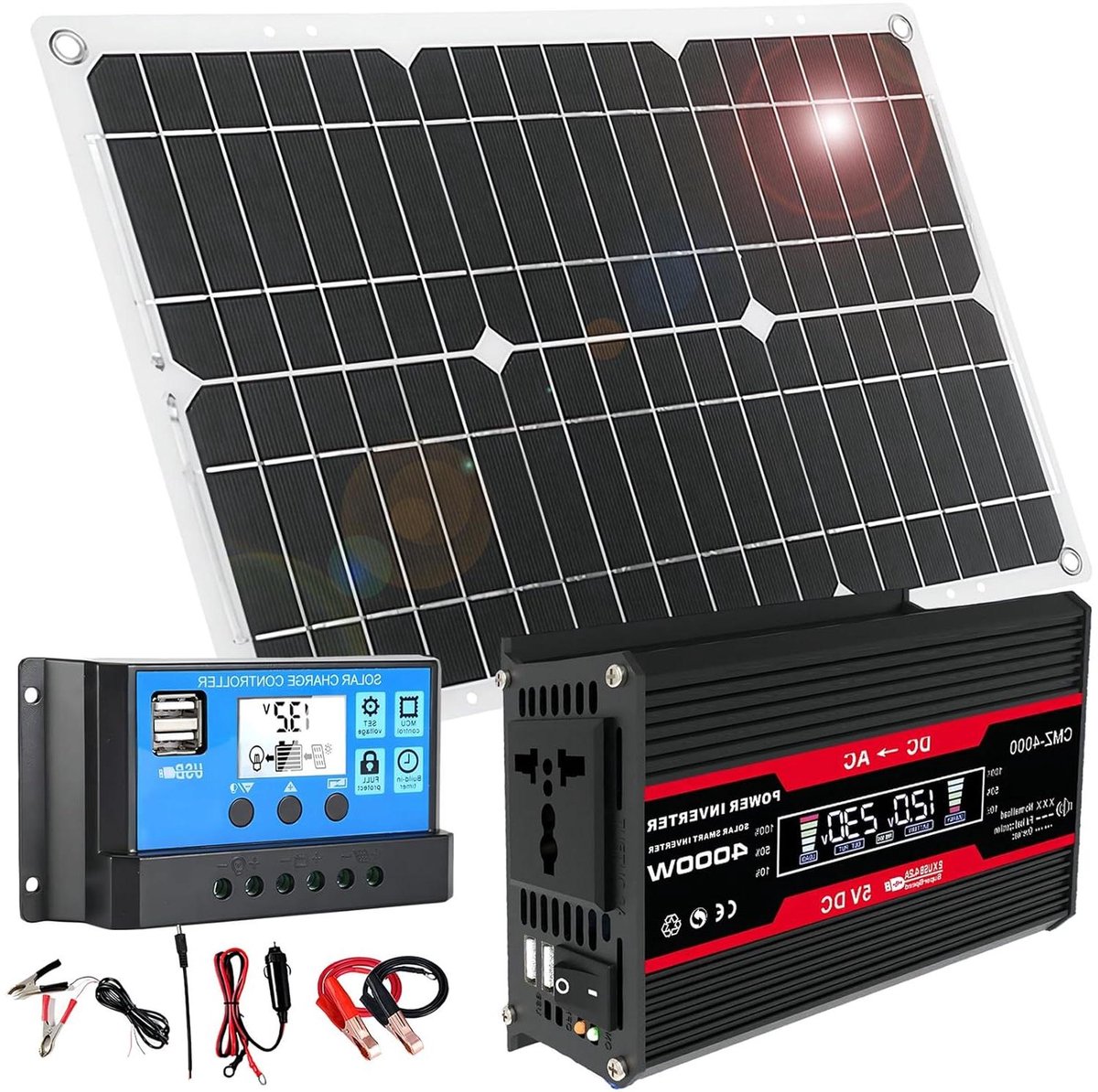 Zonnepaneel Starterkit - Off-Grid Energie - Kamperen Buiten - 4000W Omvormer LCD - 18W Paneel - Zwart