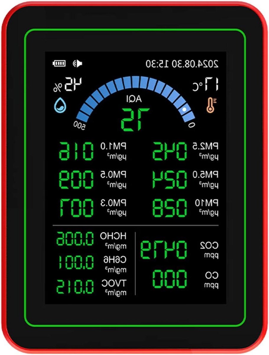 Luchtkwaliteitsmeter - Binnenlucht monitor - Gezond Binnenklimaat - 18 in 1 Metingen - 90 x 70 x 35 mm - Zwart