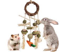 Speelgoed voor Konijnen, Accessoires voor Konijnen, Hangend Kauwspeelgoed met Hooi en Tandverzorgingsbal voor Hamsters en Cavia's
