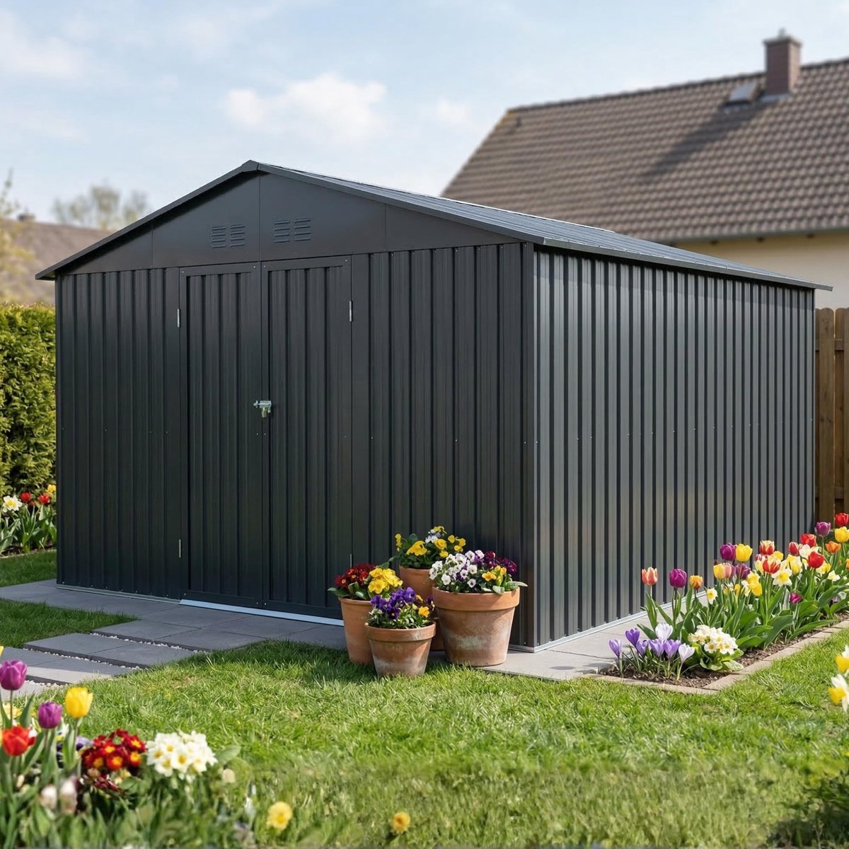 Albatros Gereedschapsschuur 5XL | antraciet RAL 7016 | 340x375x200cm (25,5m³) | afsluitbaar incl. slot & haken | tuinhuis van verzinkt weerbestendig metaal | gereedschapsschuur voor tuin & apparatuur