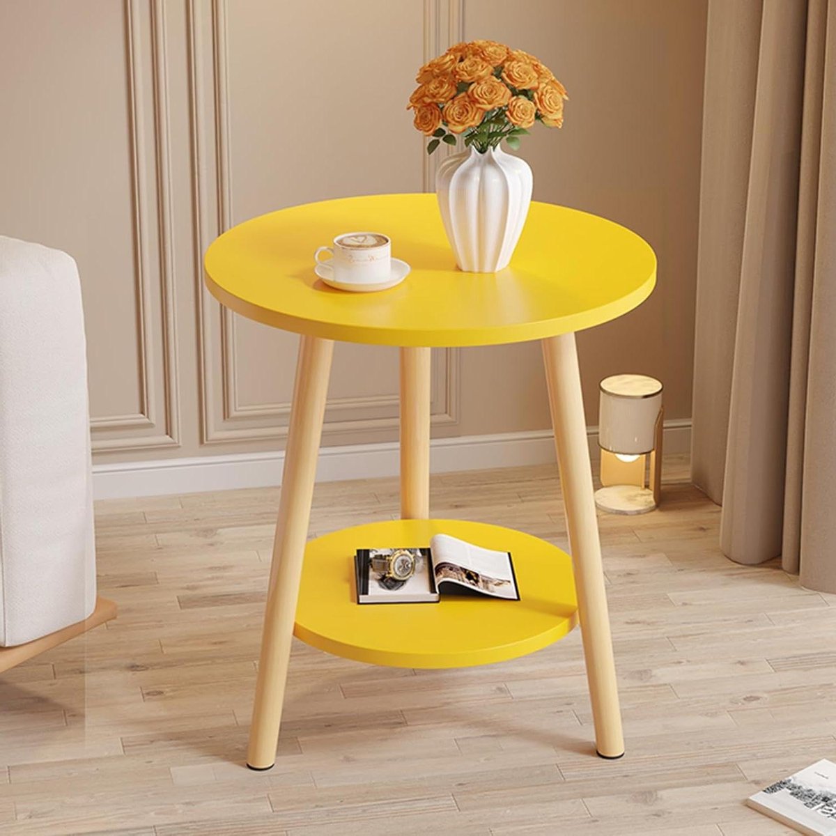 Ronde bijzettafel - Tafeltje met niveaus - Decoratie en opslag - Massief houten poten - 50 en 60 cm - Geel