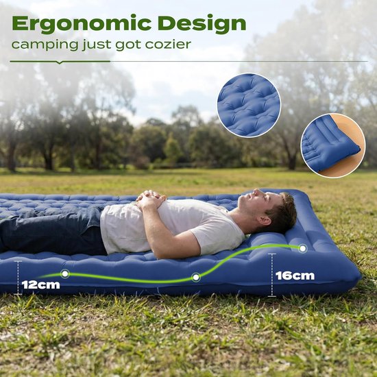 Zelfopblazende Slaapmat - Campingmatras Opblaasbaar - Kamperen Buiten - 12cm Dik Ergonomisch - 196 x 135 cm - Marineblauw — afbeelding 5