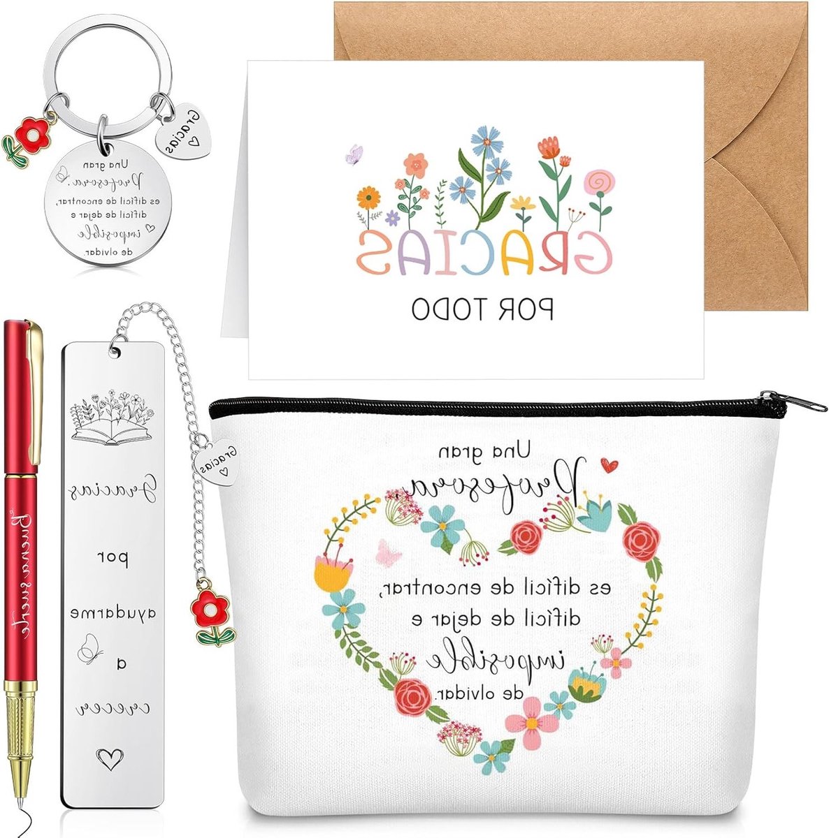 6-Delige Cadeauset Voor Leerkrachten Met Make-Uptasje, Bloemenprint Pen, Sleutelhangertje, Boeklegger, Kaart en Envelop Voor Afstuderen, Verjaardagen en Kerstmis