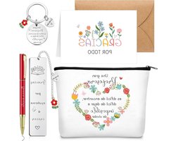Hestya 6-Delige Cadeauset Voor Leerkrachten Inclusief Make-Uptasje Met Bloemenprint Pen Sleutelhangertje Boeklegger Kaart en Envelop Voor Afstuderen,
