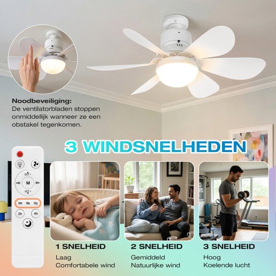MUPOO E27 Plafondventilator met Lamp Ø52 cm - Ventilatorlamp met Afstandsbediening - 3 Kleurtemperaturen - 3 Snelheden - Timer en Geheugenfunctie - Stil DC Motor -Voor Slaapkamer Kinderkamer- Wit van MUPOO — afbeelding 5