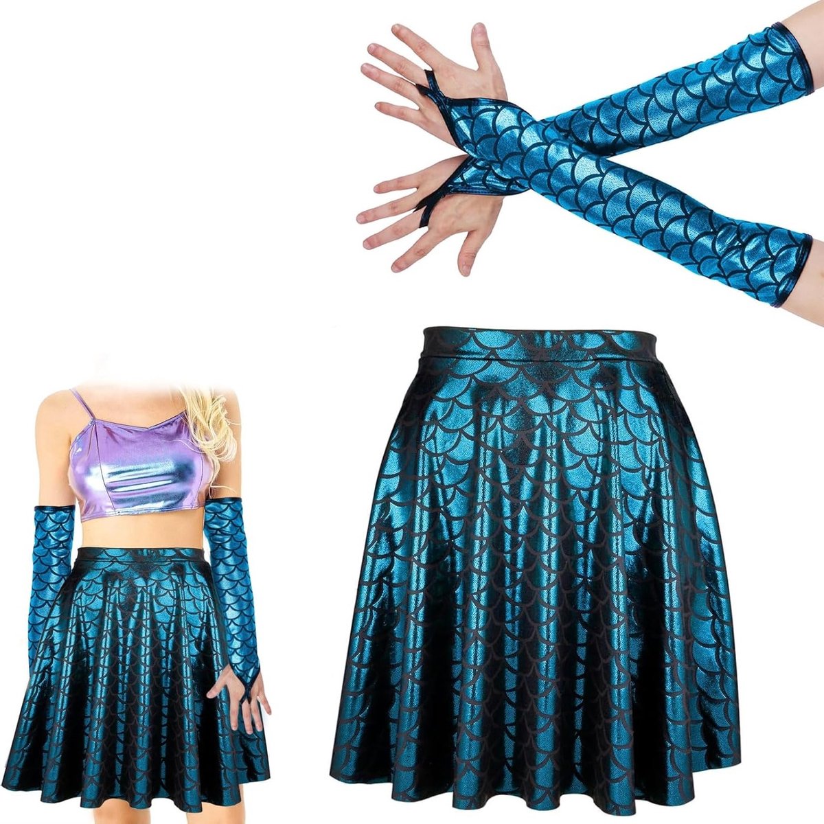 Zomerse Vrouwen Kostuum met Schubbenprint, Korte Plissé Rok voor Feestjes en Evenementen - Perfecte Modekeuze in Groen, Maat L