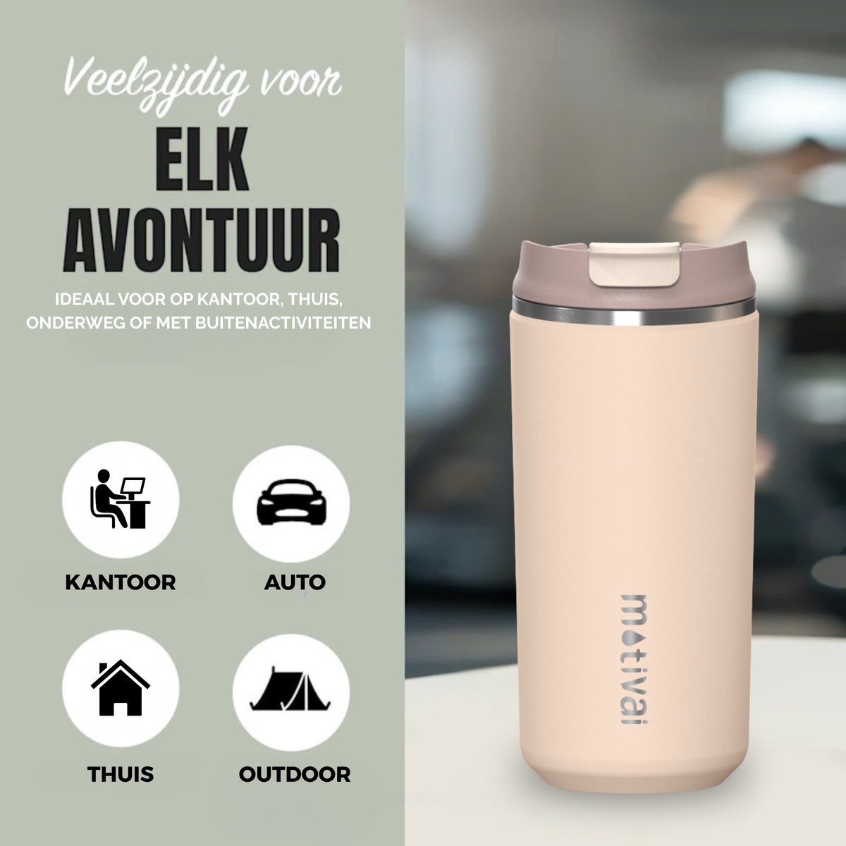 Motivai Daily Cup – Thermosbeker To Go – 350ML RVS Thermosmok – Lekvrij – Dubbelwandig Geïsoleerd – BPA-vrij & Duurzaam – Koffiebeker voor Onderweg – Beige — cadeau in Koken & Dineren - foto 3